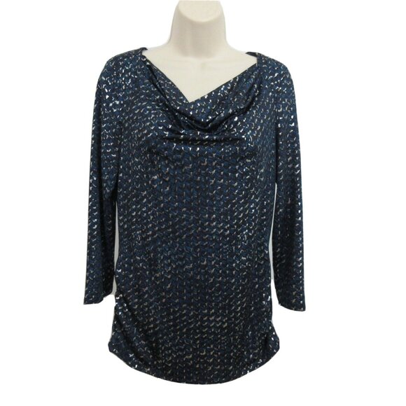 Dana Buchman Blouse Sz Small Blue Black Silver Metallic Draped Neckline Long Sle - Picture 1 of 10